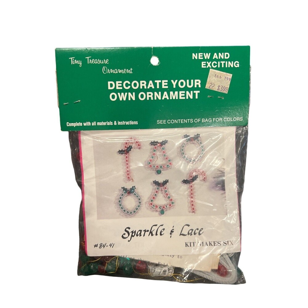 VTG Merri Mac Tiny Treasure Sparkle & Lace Sequins Beads XMAS Ornament Kit‎ NOS